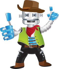 Stitch, the 308 Embroidery cowboy robot, waving howdy