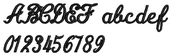 Handy Script lettering sample: ABCDEF abcdef 0123456789